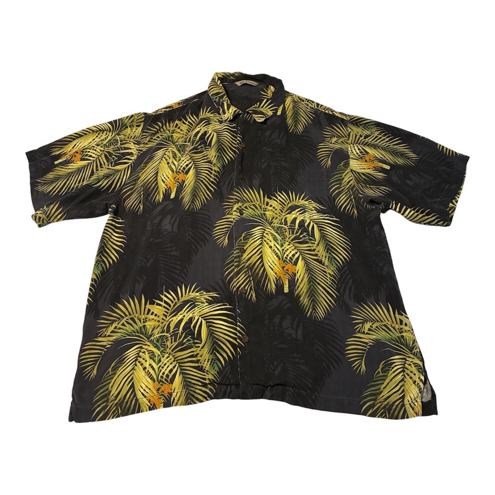 Tommy Bahama Mens Black Palm Print Silk Button Front Loop Collar Camp Shirt XL - Picture 1 of 5